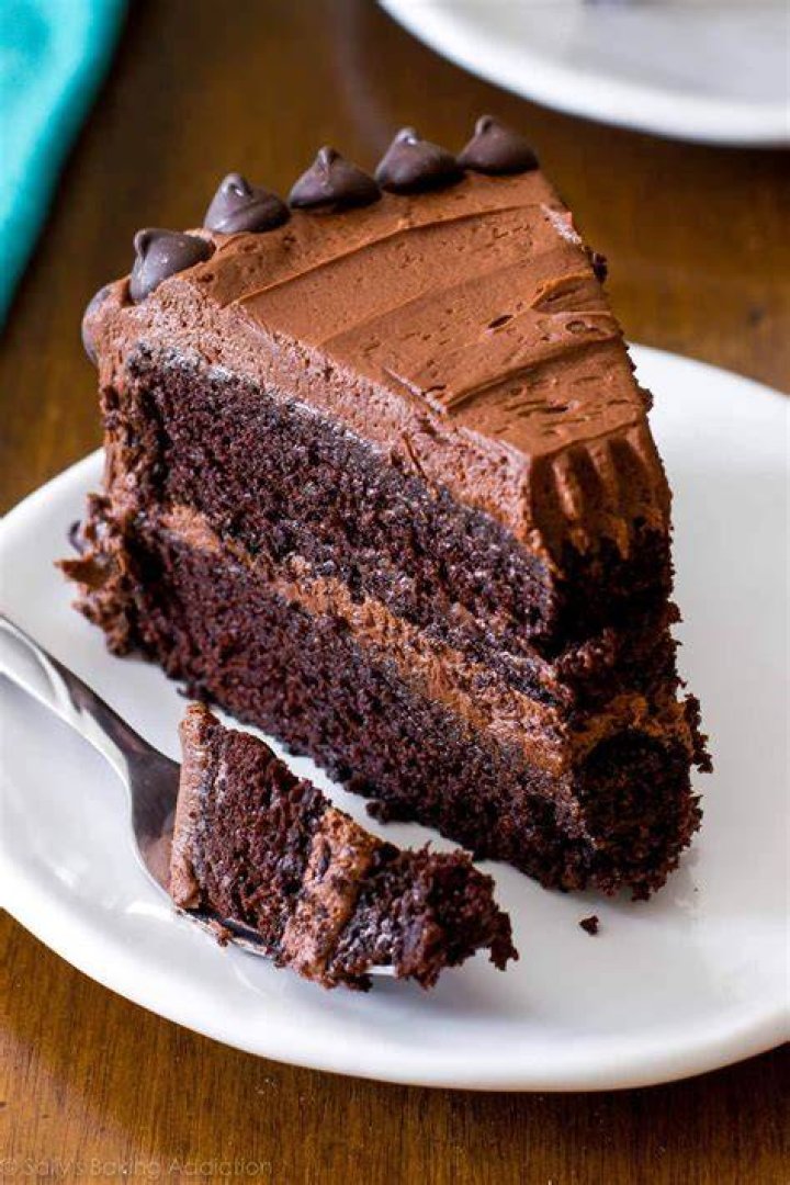 A slice of chocolate cake on a white plate.