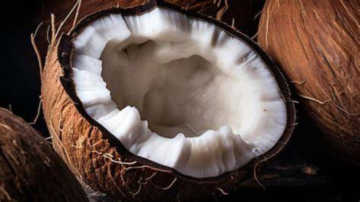Close up of a coconut margarita topped with lime and toasted coconut.