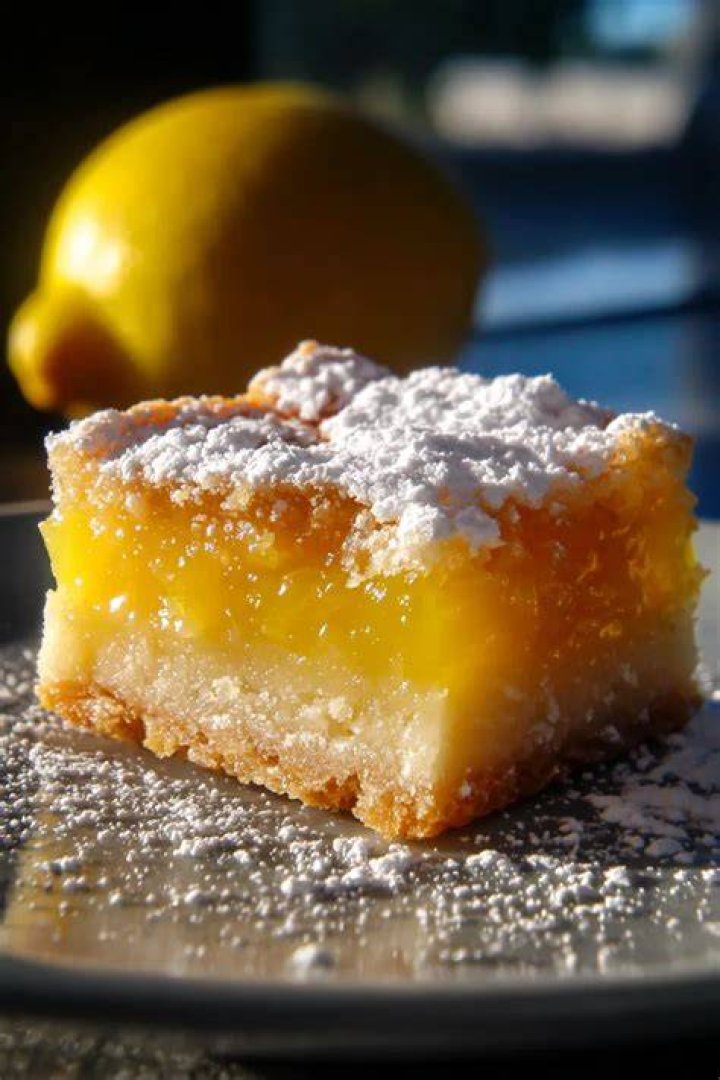 Closeup of a lemon bar topped with pink frosting.