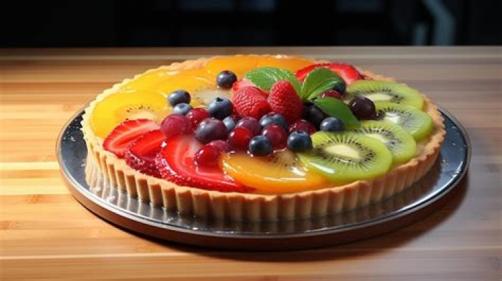 Fruit tart on a wooden board.