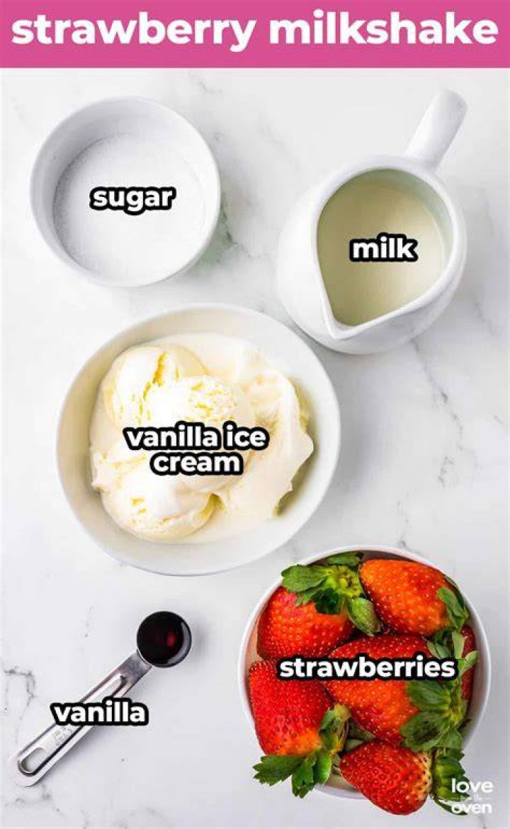 Ingredients for strawberry milkshake: ice cream, milk, strawberries, vanilla, jam.