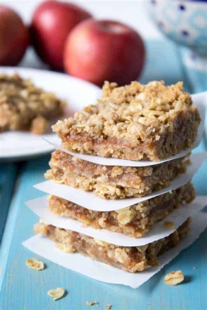 Stack of oatmeal bars filled with chocolate
